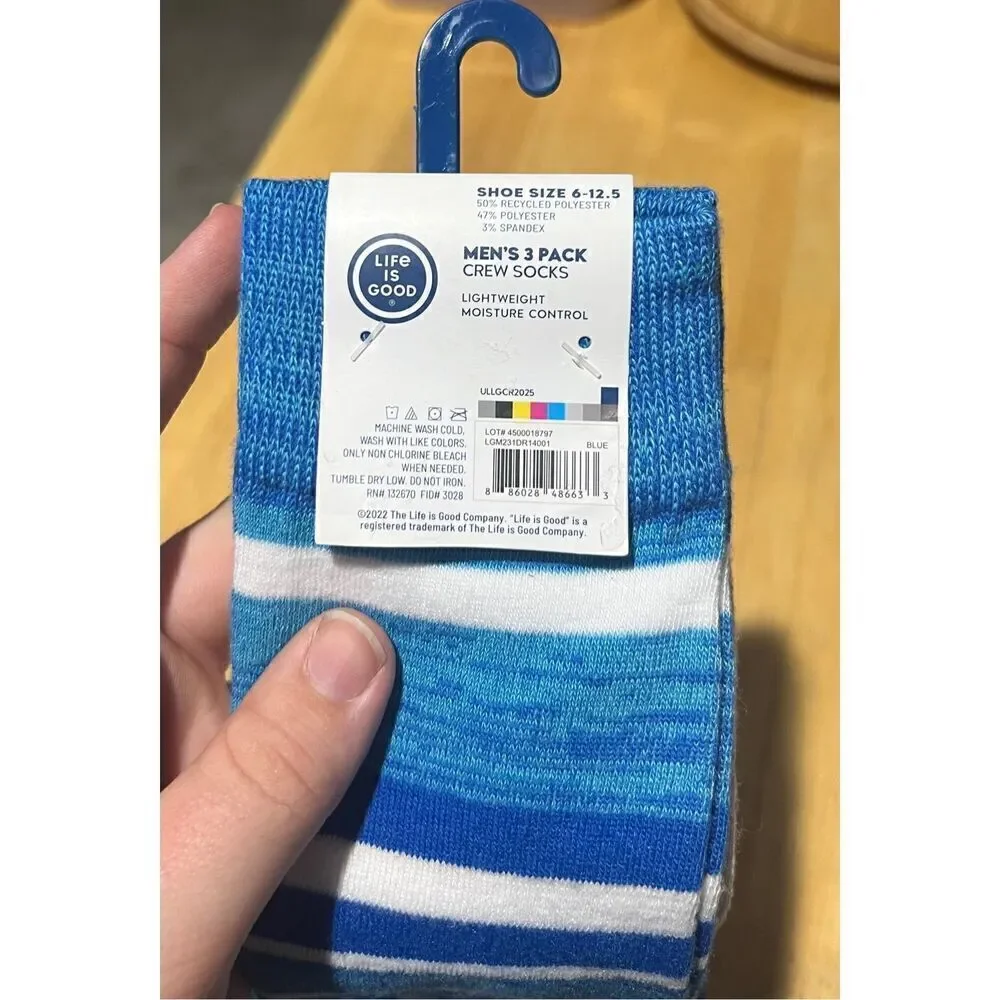 Life Is Good Mens 3 Pack Crew Socks NEW Blue Patterned